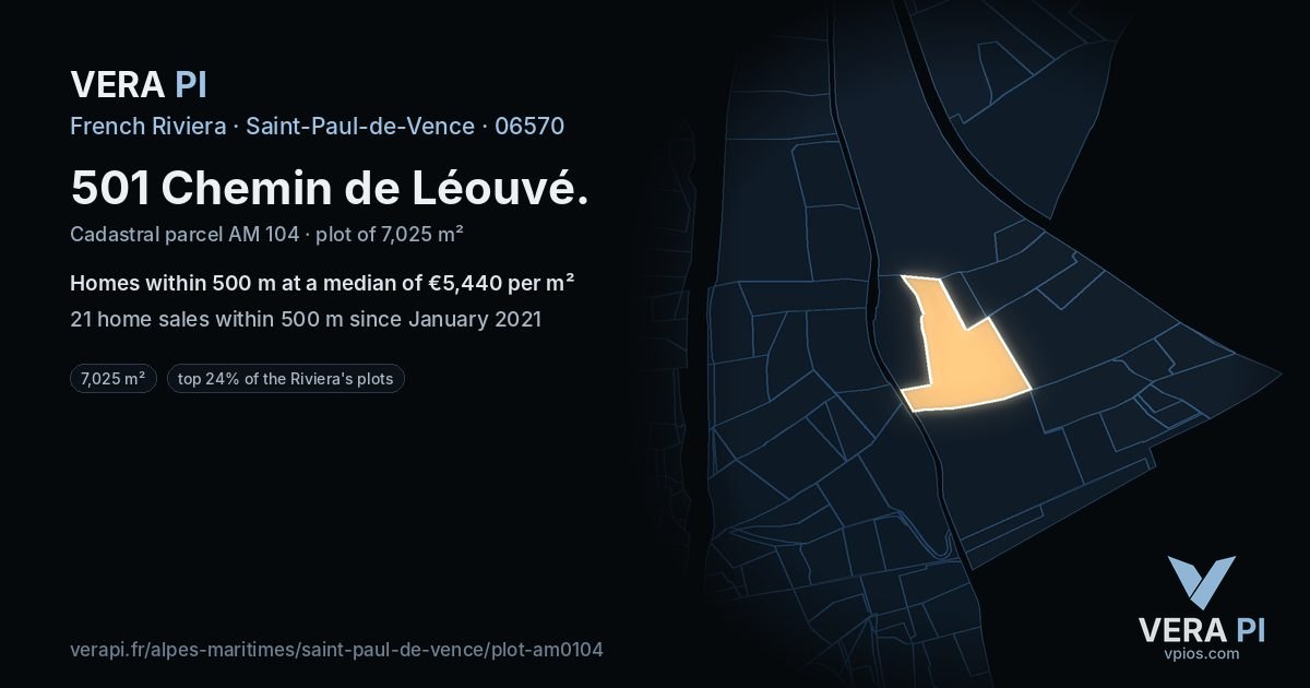 501 Chemin de Léouvé, Saint-Paul-de-Vence at night – the plot lit, the parcels around coloured by the prices near them