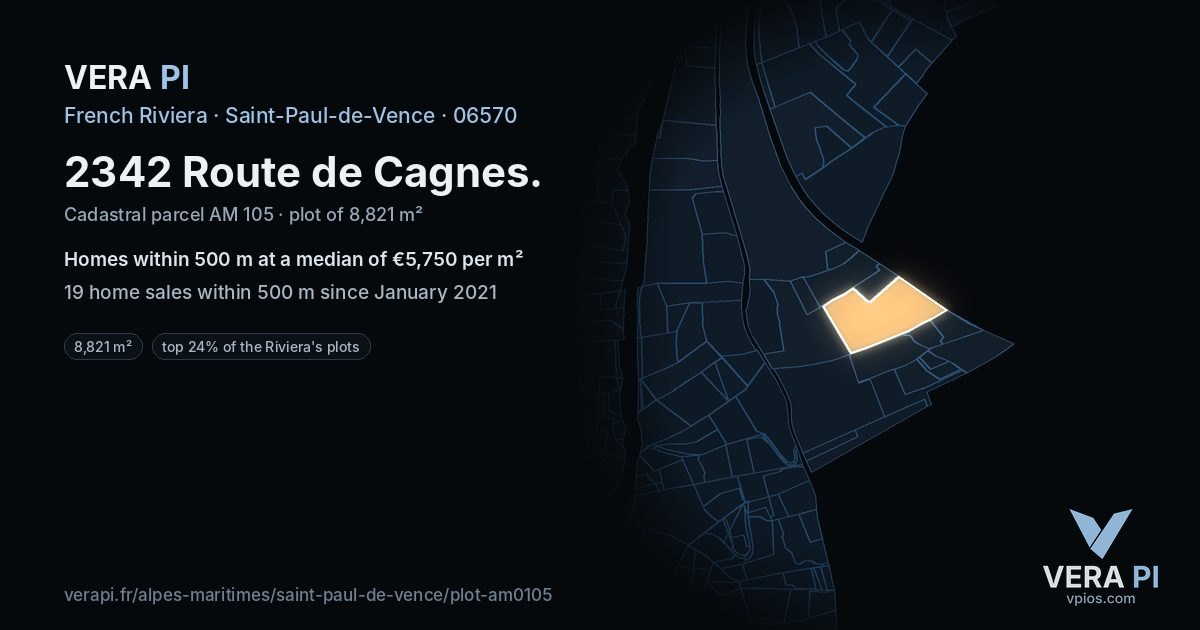 2342 Route de Cagnes, Saint-Paul-de-Vence at night – the plot lit, the parcels around coloured by the prices near them