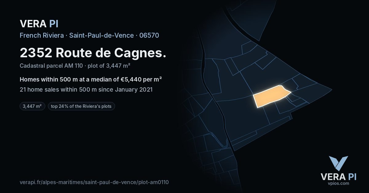 2352 Route de Cagnes, Saint-Paul-de-Vence at night – the plot lit, the parcels around coloured by the prices near them
