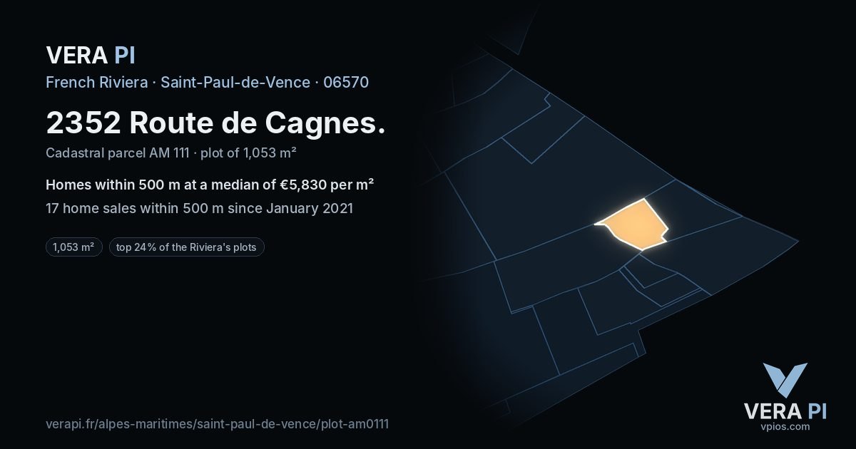 2352 Route de Cagnes, Saint-Paul-de-Vence at night – the plot lit, the parcels around coloured by the prices near them