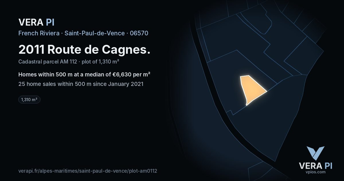 2011 Route de Cagnes, Saint-Paul-de-Vence at night – the plot lit, the parcels around coloured by the prices near them