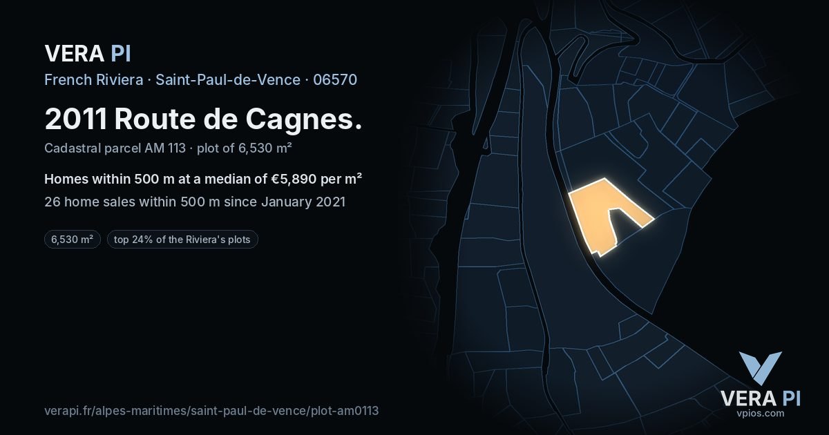 2011 Route de Cagnes, Saint-Paul-de-Vence at night – the plot lit, the parcels around coloured by the prices near them