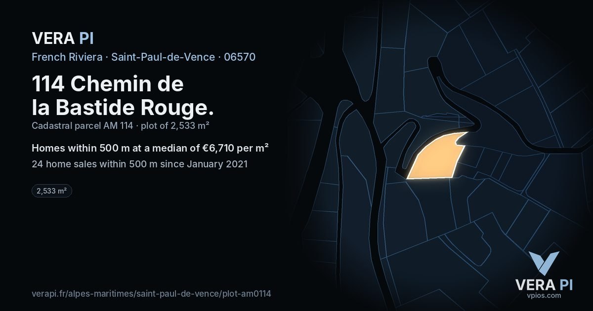 114 Chemin de la Bastide Rouge, Saint-Paul-de-Vence at night – the plot lit, the parcels around coloured by the prices near them