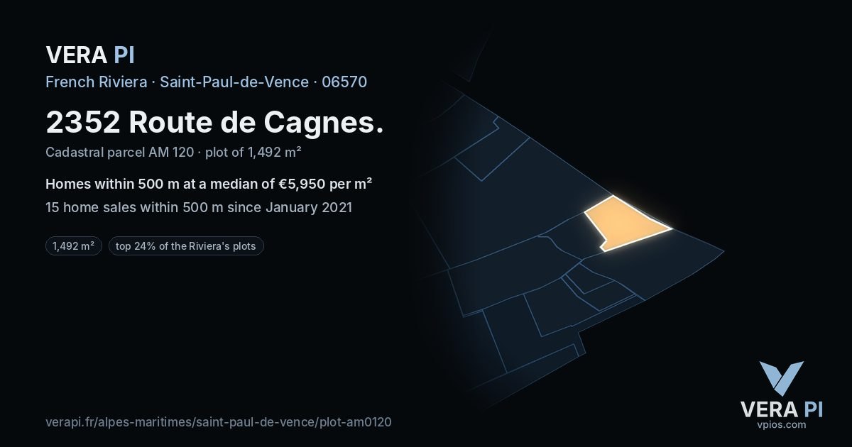 2352 Route de Cagnes, Saint-Paul-de-Vence at night – the plot lit, the parcels around coloured by the prices near them