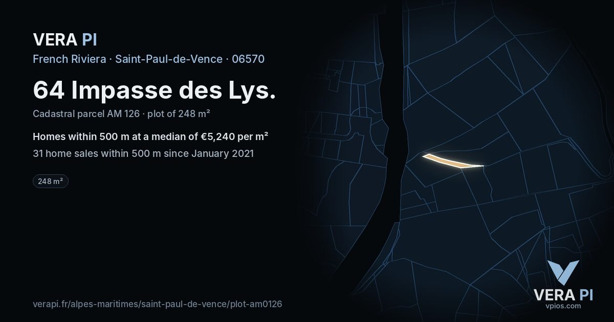64 Impasse des Lys, Saint-Paul-de-Vence at night – the plot lit, the parcels around coloured by the prices near them