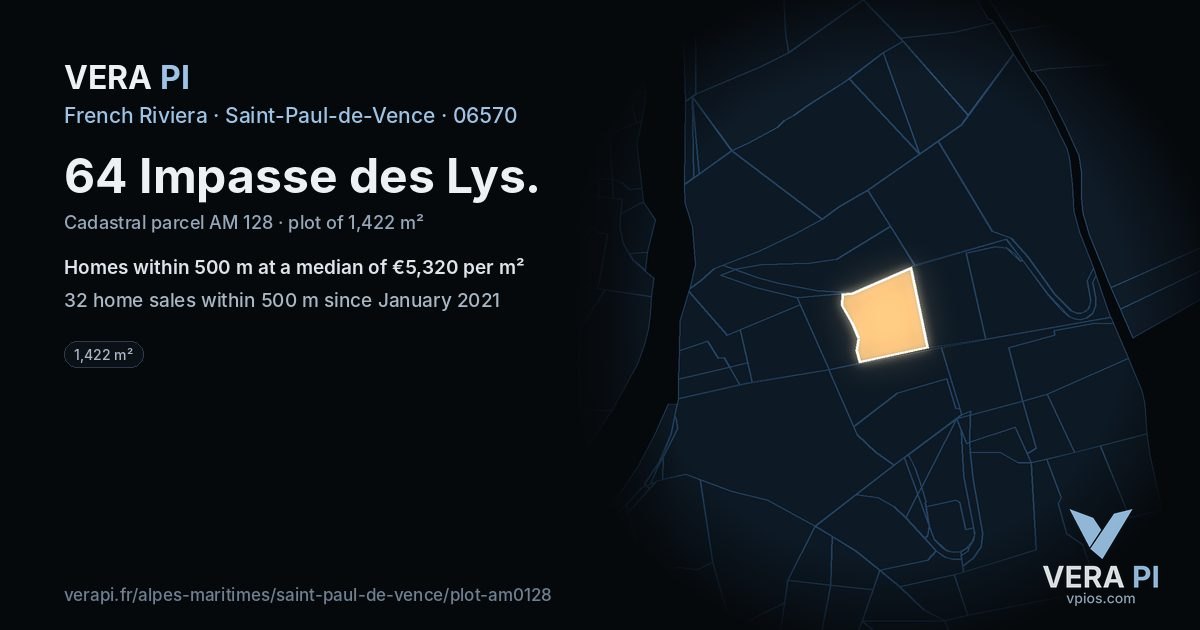 64 Impasse des Lys, Saint-Paul-de-Vence at night – the plot lit, the parcels around coloured by the prices near them