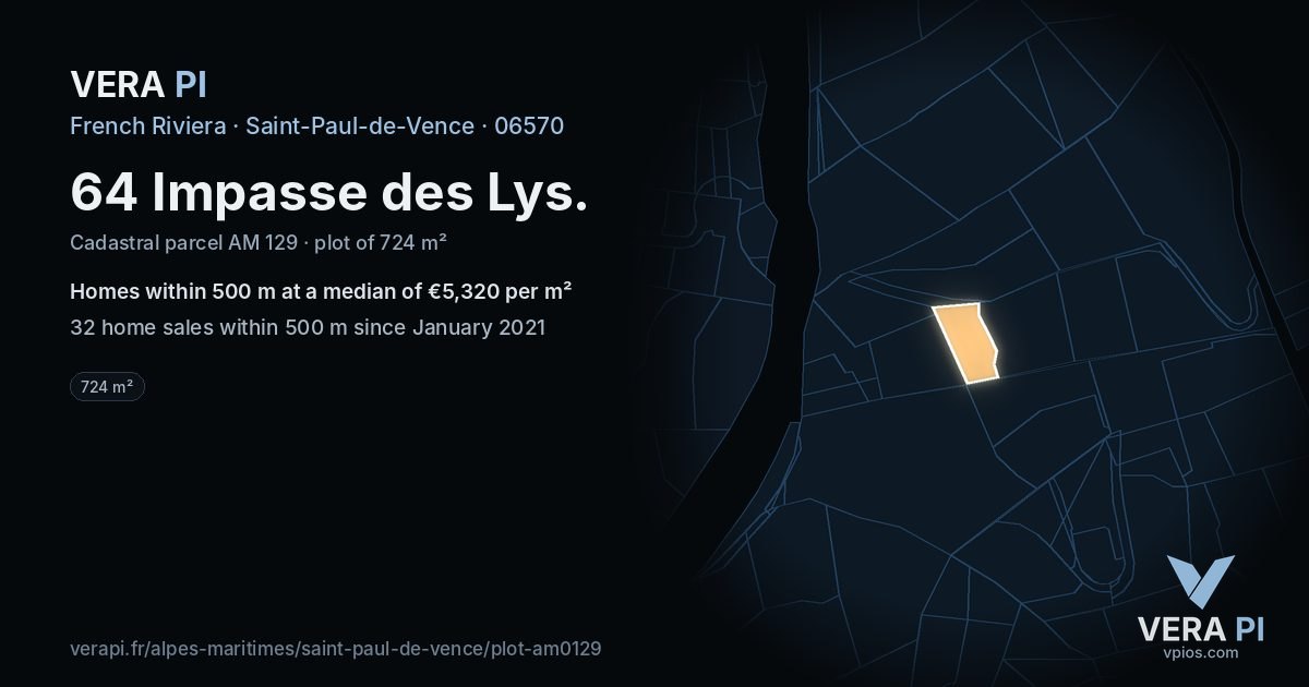 64 Impasse des Lys, Saint-Paul-de-Vence at night – the plot lit, the parcels around coloured by the prices near them