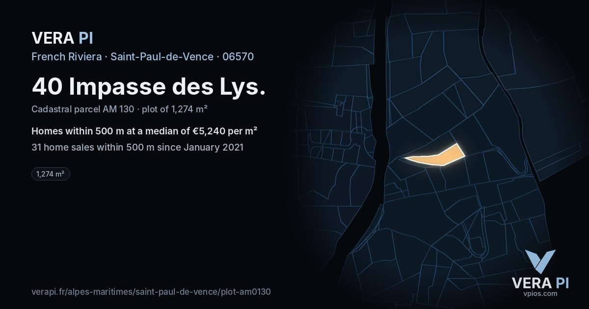40 Impasse des Lys, Saint-Paul-de-Vence at night – the plot lit, the parcels around coloured by the prices near them