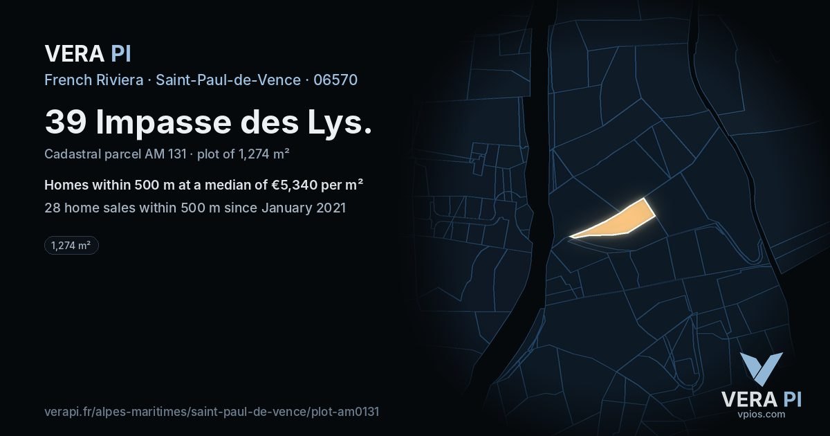 39 Impasse des Lys, Saint-Paul-de-Vence at night – the plot lit, the parcels around coloured by the prices near them