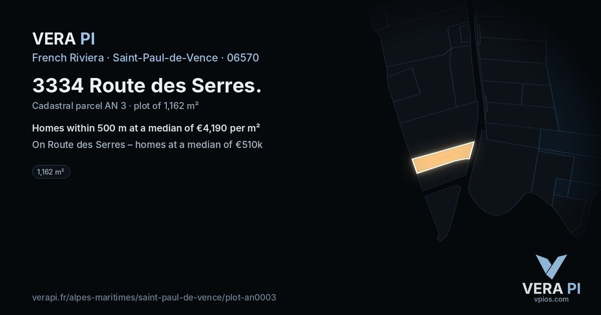 3334 Route des Serres, Saint-Paul-de-Vence at night – the plot lit, the parcels around coloured by the prices near them