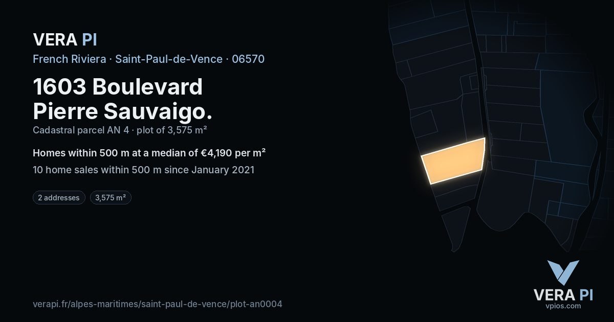 1603 Boulevard Pierre Sauvaigo, Saint-Paul-de-Vence at night – the plot lit, the parcels around coloured by the prices near them