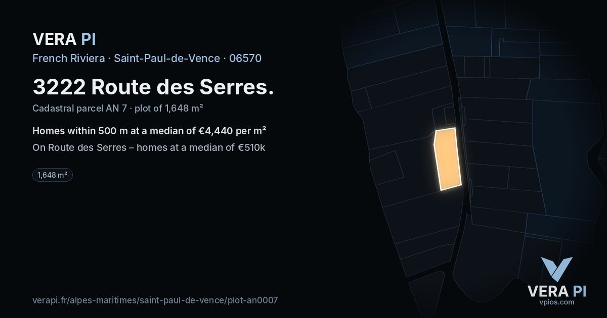3222 Route des Serres, Saint-Paul-de-Vence at night – the plot lit, the parcels around coloured by the prices near them