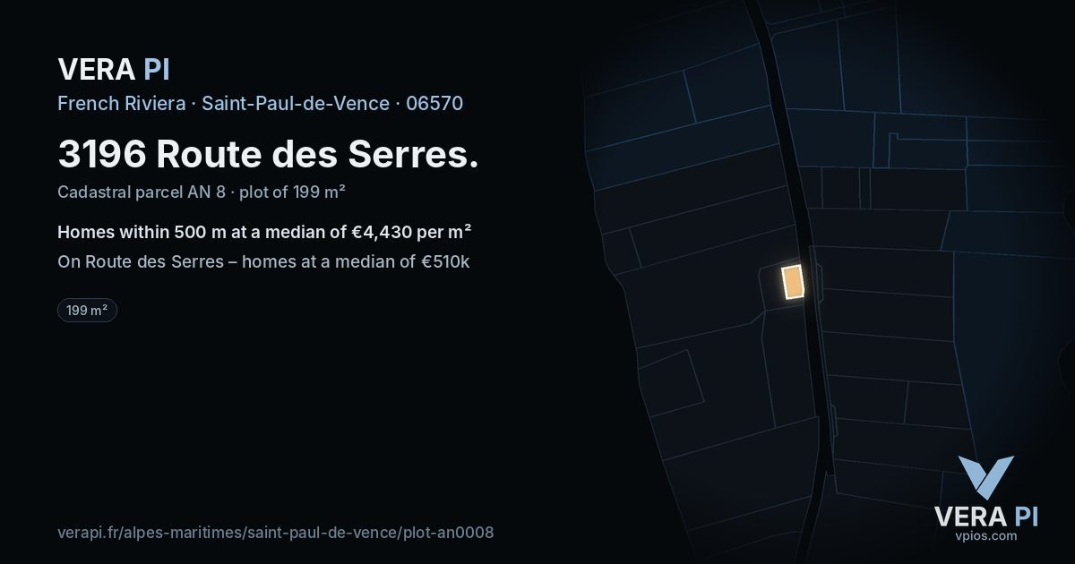 3196 Route des Serres, Saint-Paul-de-Vence at night – the plot lit, the parcels around coloured by the prices near them