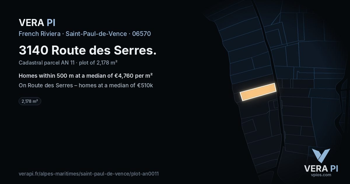 3140 Route des Serres, Saint-Paul-de-Vence at night – the plot lit, the parcels around coloured by the prices near them