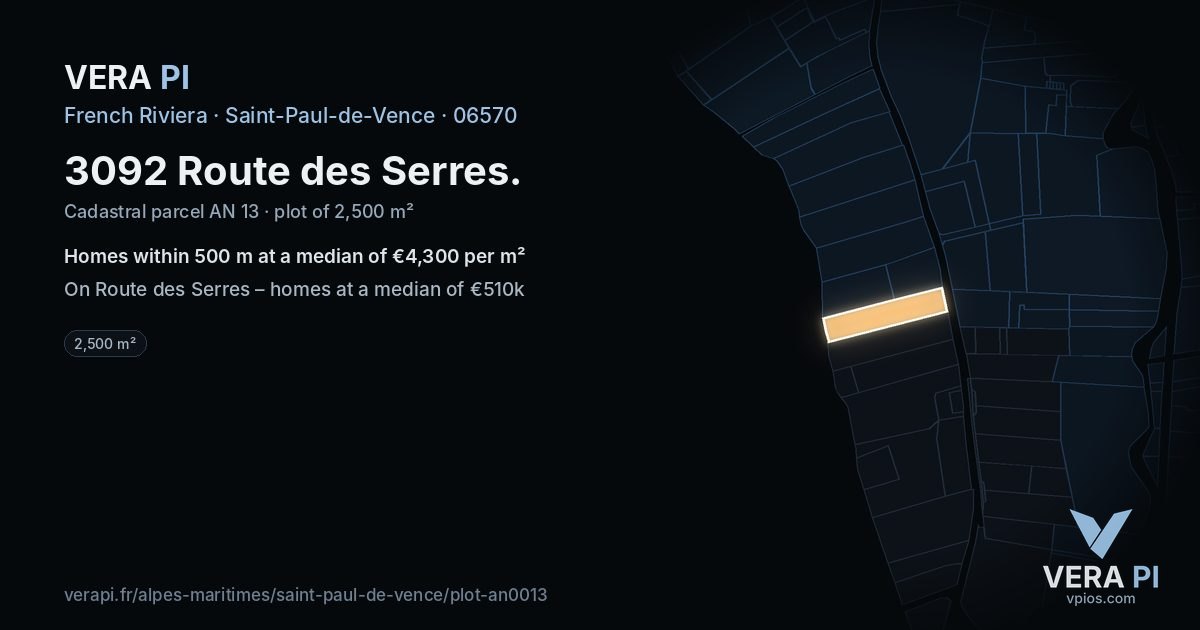 3092 Route des Serres, Saint-Paul-de-Vence at night – the plot lit, the parcels around coloured by the prices near them
