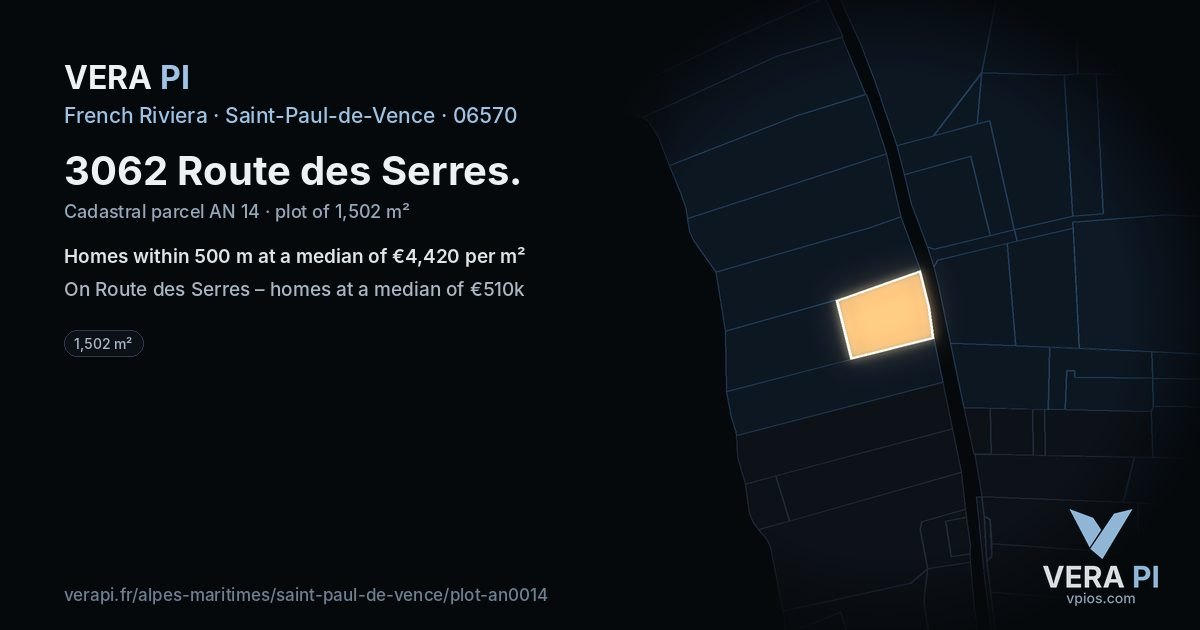 3062 Route des Serres, Saint-Paul-de-Vence at night – the plot lit, the parcels around coloured by the prices near them