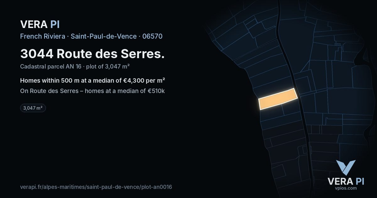 3044 Route des Serres, Saint-Paul-de-Vence at night – the plot lit, the parcels around coloured by the prices near them