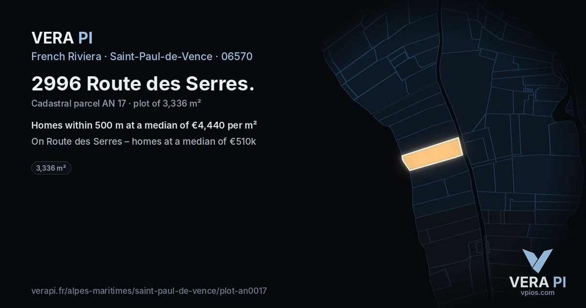 2996 Route des Serres, Saint-Paul-de-Vence at night – the plot lit, the parcels around coloured by the prices near them