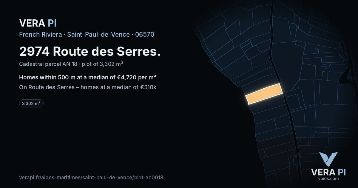 2974 Route des Serres, Saint-Paul-de-Vence at night – the plot lit, the parcels around coloured by the prices near them