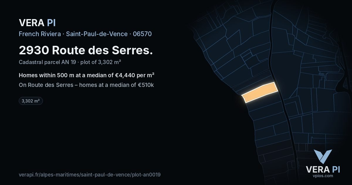 2930 Route des Serres, Saint-Paul-de-Vence at night – the plot lit, the parcels around coloured by the prices near them