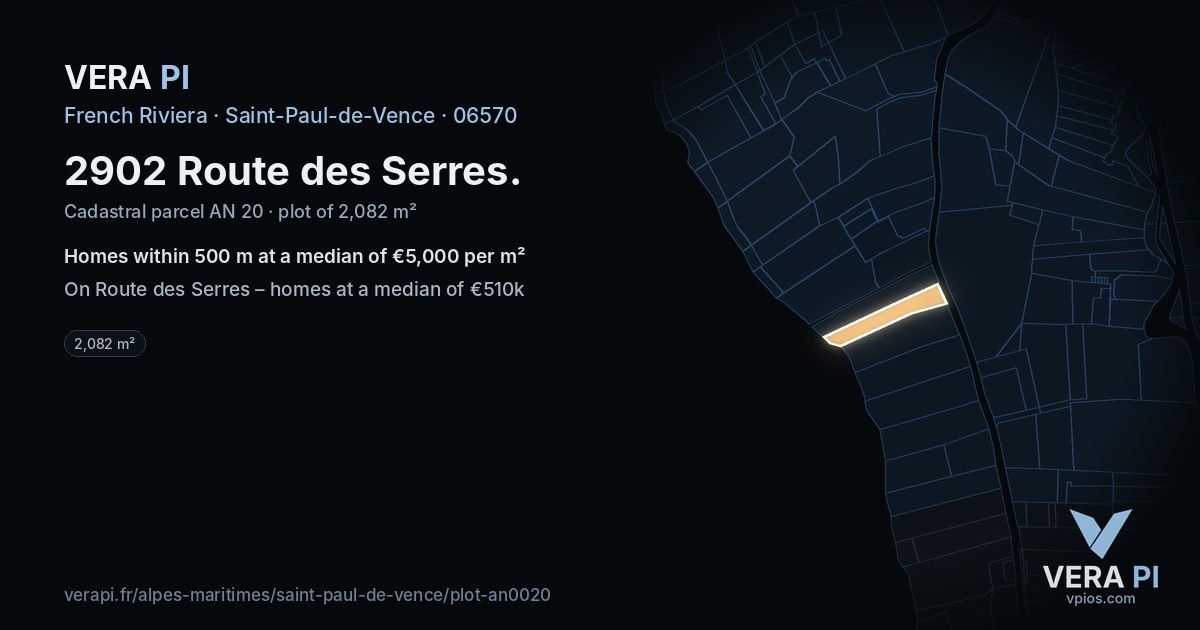 2902 Route des Serres, Saint-Paul-de-Vence at night – the plot lit, the parcels around coloured by the prices near them