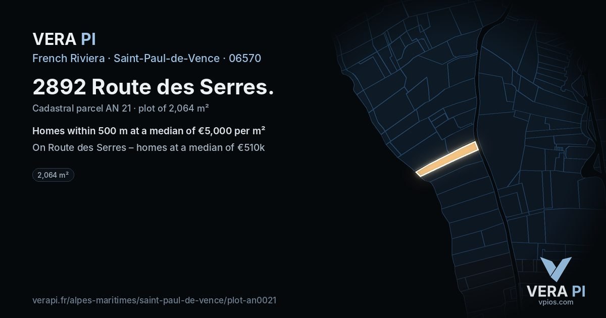 2892 Route des Serres, Saint-Paul-de-Vence at night – the plot lit, the parcels around coloured by the prices near them