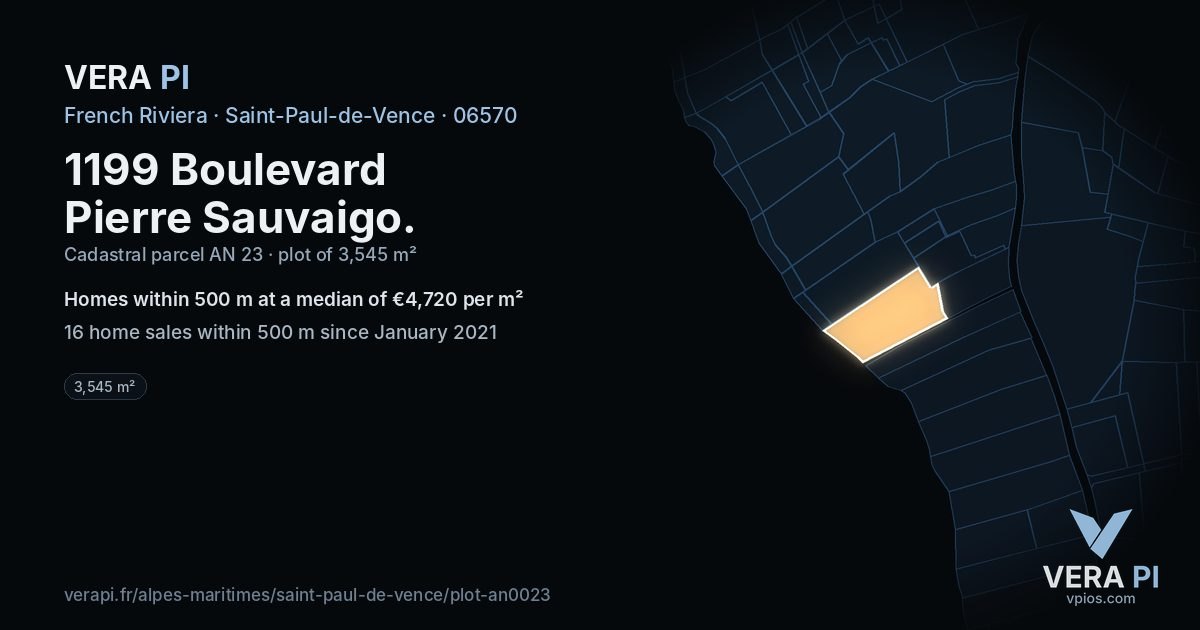 1199 Boulevard Pierre Sauvaigo, Saint-Paul-de-Vence at night – the plot lit, the parcels around coloured by the prices near them