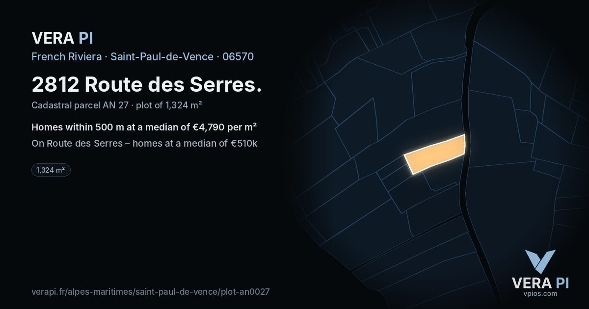 2812 Route des Serres, Saint-Paul-de-Vence at night – the plot lit, the parcels around coloured by the prices near them