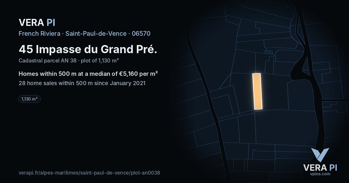 45 Impasse du Grand Pré, Saint-Paul-de-Vence at night – the plot lit, the parcels around coloured by the prices near them