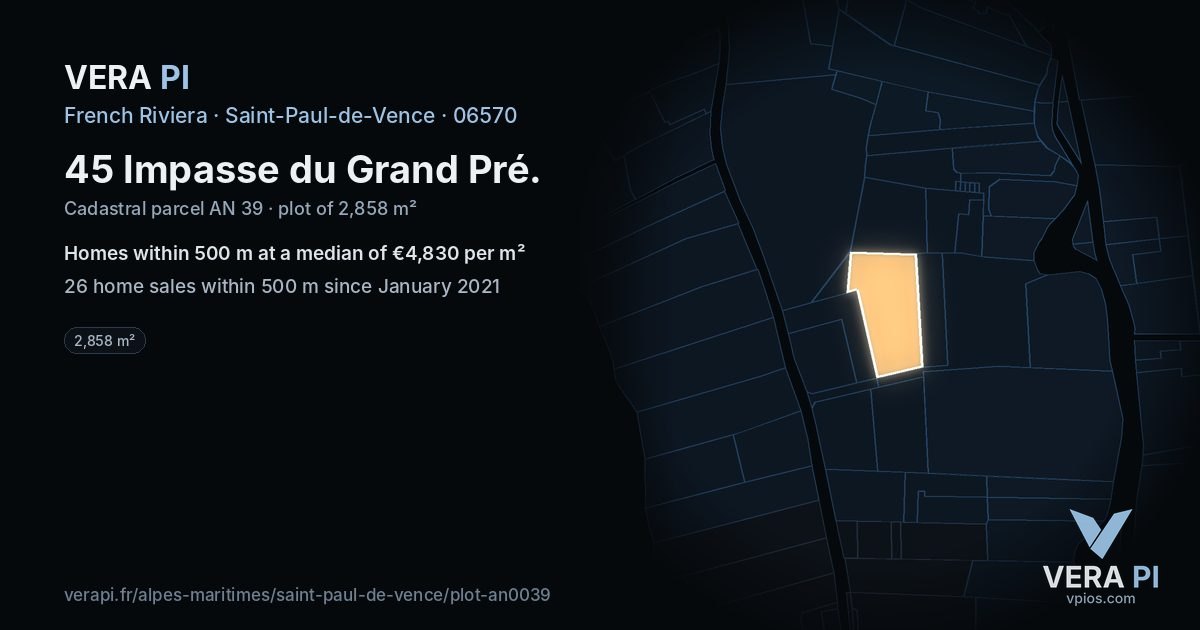 45 Impasse du Grand Pré, Saint-Paul-de-Vence at night – the plot lit, the parcels around coloured by the prices near them