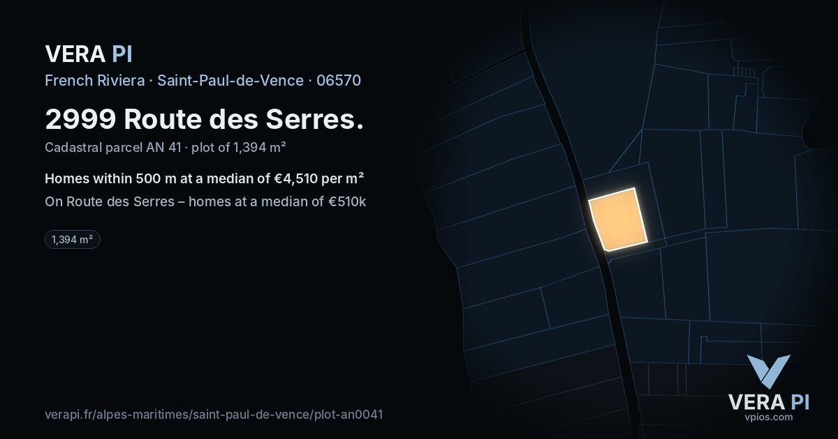2999 Route des Serres, Saint-Paul-de-Vence at night – the plot lit, the parcels around coloured by the prices near them