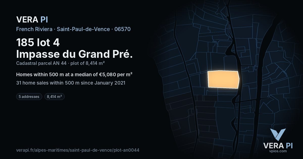 185 lot 4 Impasse du Grand Pré, Saint-Paul-de-Vence at night – the plot lit, the parcels around coloured by the prices near them