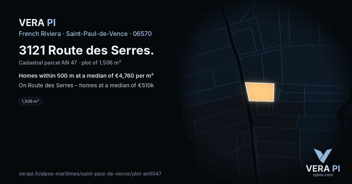 3121 Route des Serres, Saint-Paul-de-Vence at night – the plot lit, the parcels around coloured by the prices near them