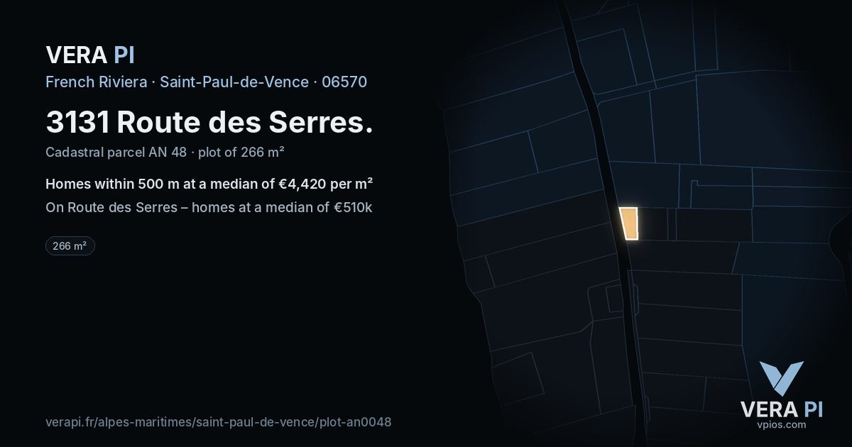 3131 Route des Serres, Saint-Paul-de-Vence at night – the plot lit, the parcels around coloured by the prices near them