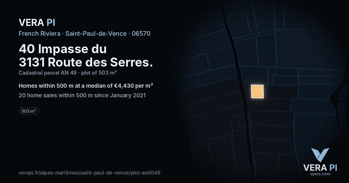 40 Impasse du 3131 Route des Serres, Saint-Paul-de-Vence at night – the plot lit, the parcels around coloured by the prices near them