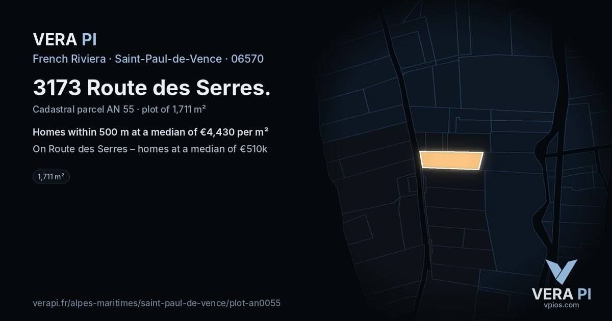 3173 Route des Serres, Saint-Paul-de-Vence at night – the plot lit, the parcels around coloured by the prices near them