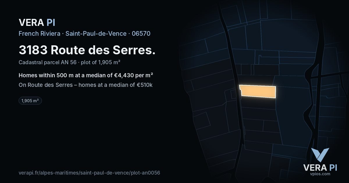 3183 Route des Serres, Saint-Paul-de-Vence at night – the plot lit, the parcels around coloured by the prices near them