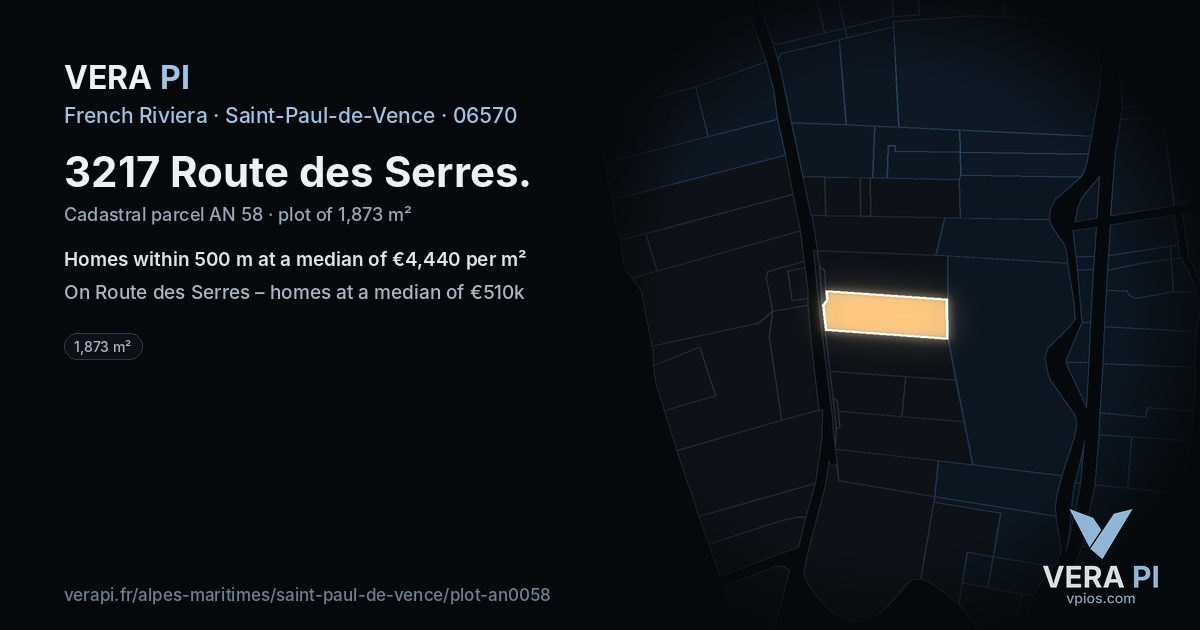 3217 Route des Serres, Saint-Paul-de-Vence at night – the plot lit, the parcels around coloured by the prices near them