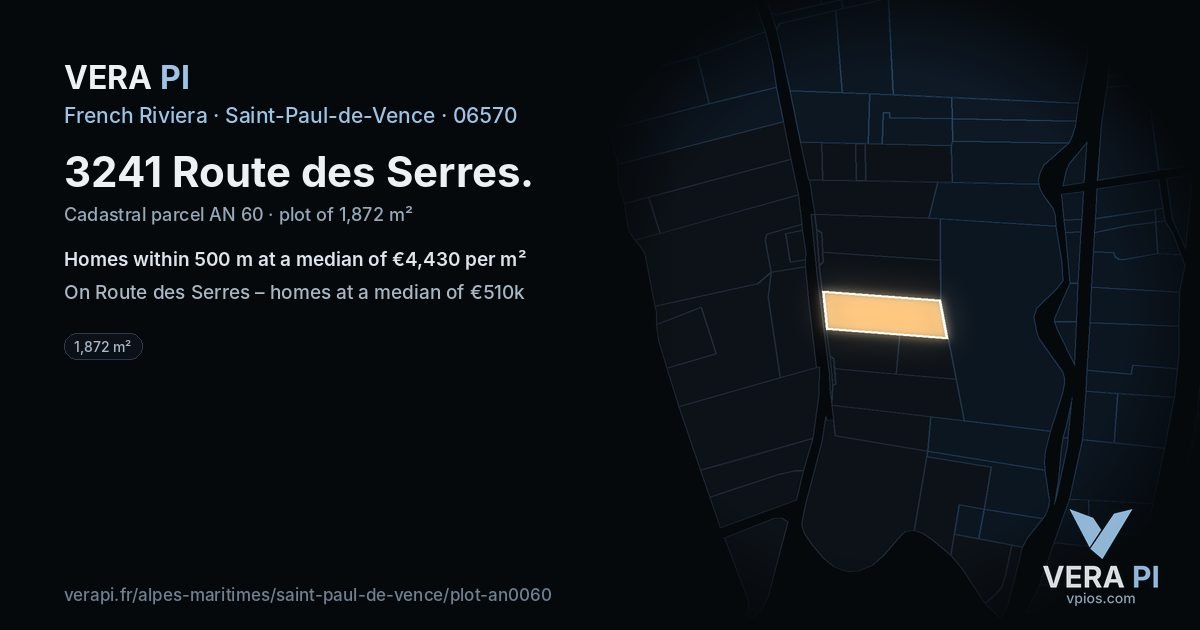 3241 Route des Serres, Saint-Paul-de-Vence at night – the plot lit, the parcels around coloured by the prices near them