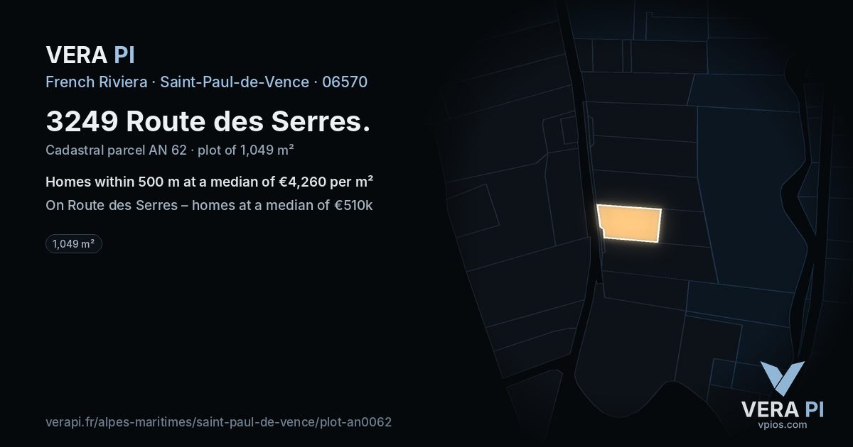 3249 Route des Serres, Saint-Paul-de-Vence at night – the plot lit, the parcels around coloured by the prices near them