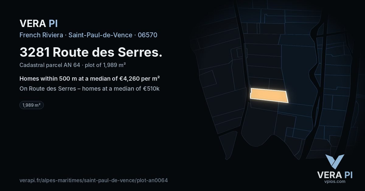 3281 Route des Serres, Saint-Paul-de-Vence at night – the plot lit, the parcels around coloured by the prices near them