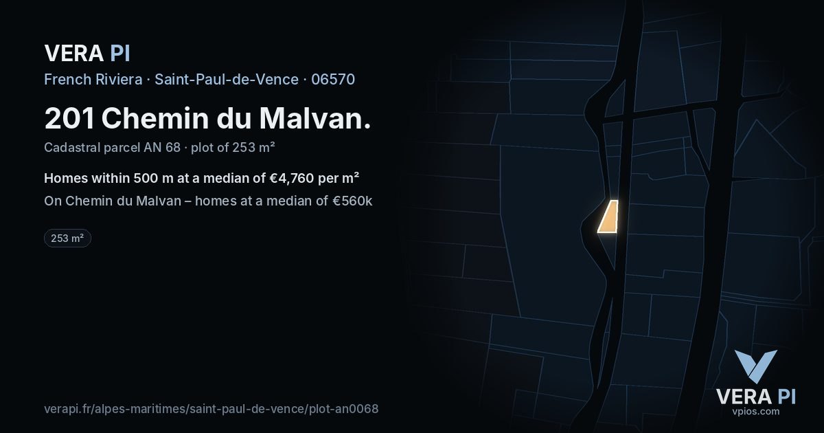 201 Chemin du Malvan, Saint-Paul-de-Vence at night – the plot lit, the parcels around coloured by the prices near them