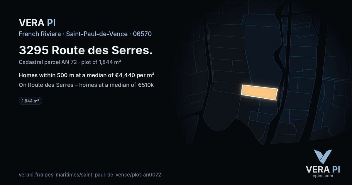 3295 Route des Serres, Saint-Paul-de-Vence at night – the plot lit, the parcels around coloured by the prices near them