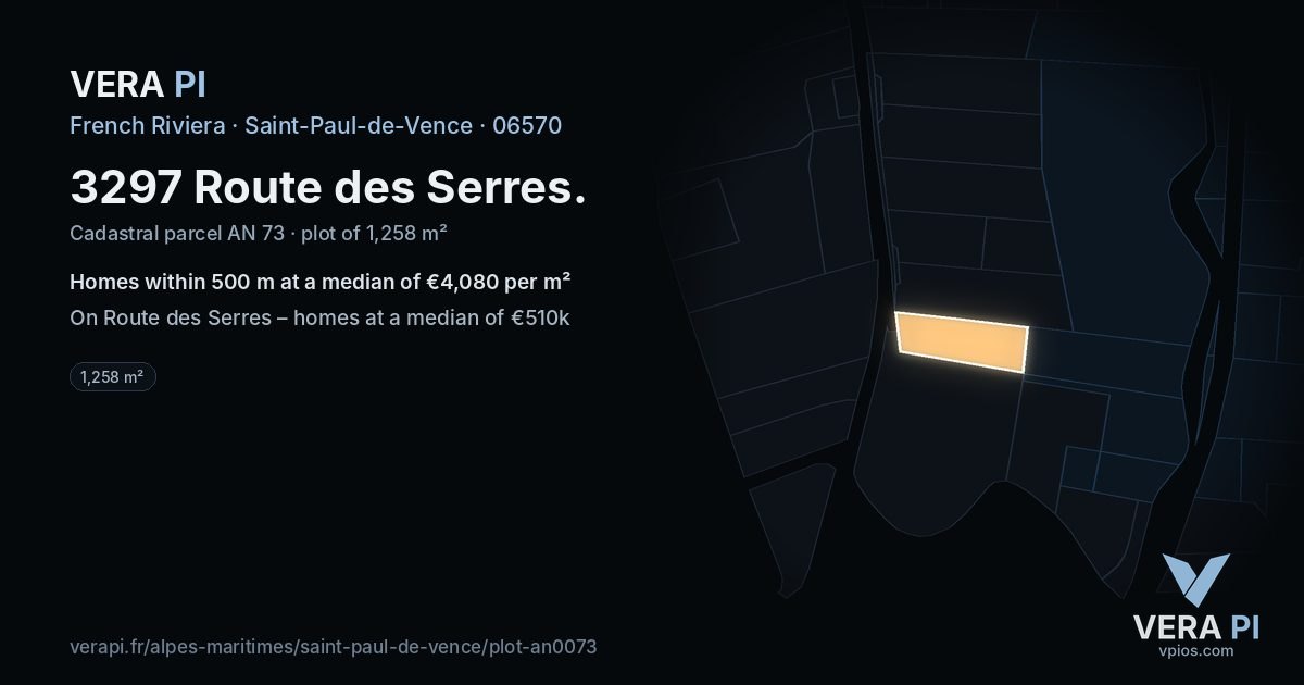 3297 Route des Serres, Saint-Paul-de-Vence at night – the plot lit, the parcels around coloured by the prices near them