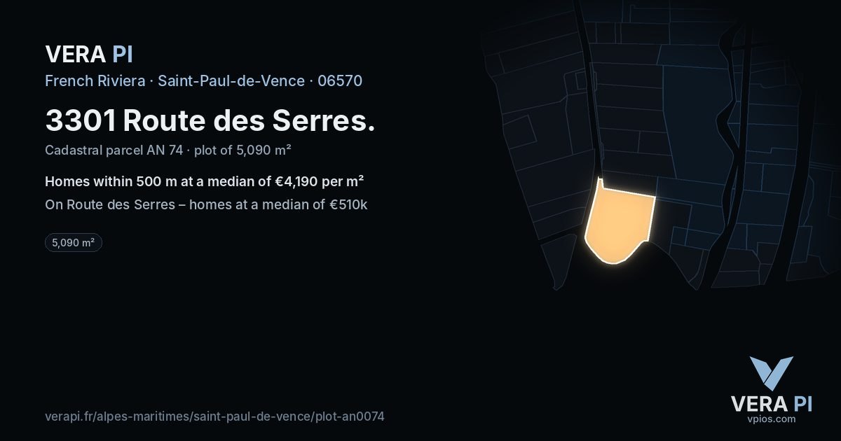 3301 Route des Serres, Saint-Paul-de-Vence at night – the plot lit, the parcels around coloured by the prices near them