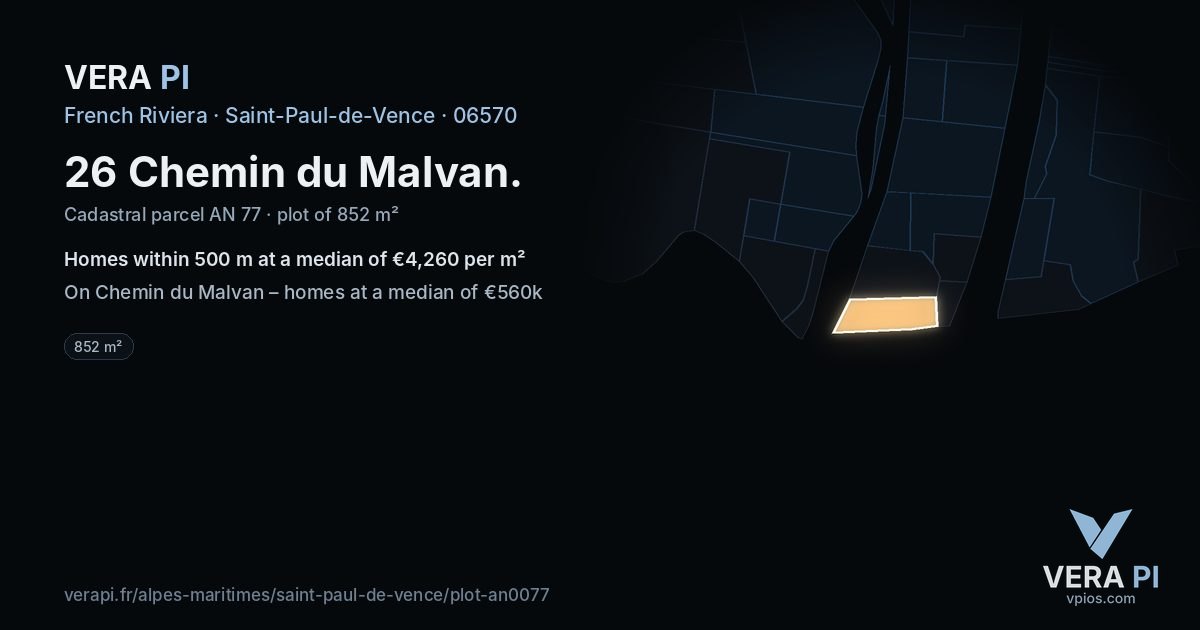 26 Chemin du Malvan, Saint-Paul-de-Vence at night – the plot lit, the parcels around coloured by the prices near them