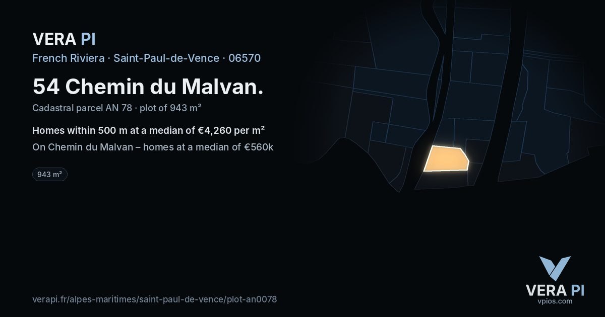 54 Chemin du Malvan, Saint-Paul-de-Vence at night – the plot lit, the parcels around coloured by the prices near them