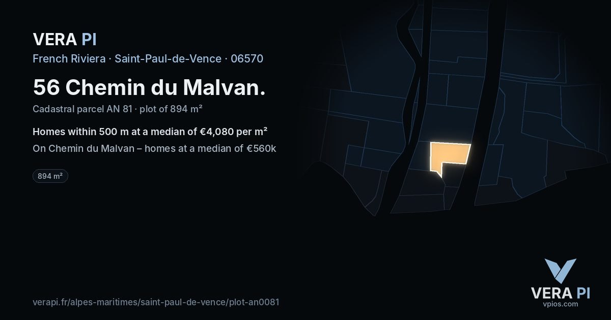 56 Chemin du Malvan, Saint-Paul-de-Vence at night – the plot lit, the parcels around coloured by the prices near them