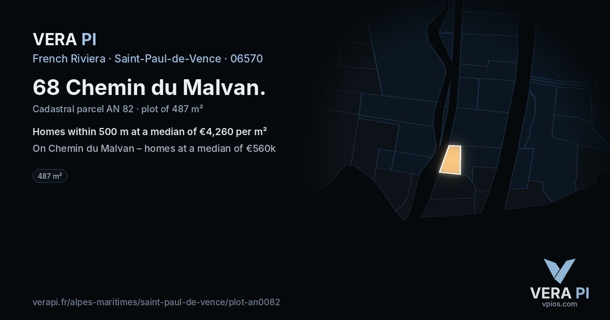 68 Chemin du Malvan, Saint-Paul-de-Vence at night – the plot lit, the parcels around coloured by the prices near them