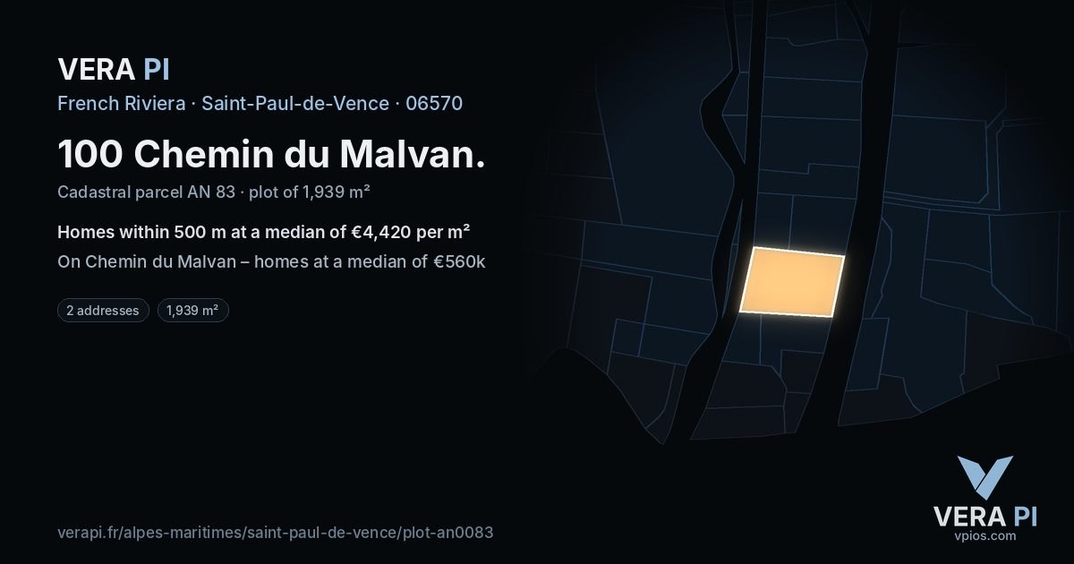 100 Chemin du Malvan, Saint-Paul-de-Vence at night – the plot lit, the parcels around coloured by the prices near them
